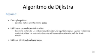 Algoritmo de Dijkstra
Resumo:
• Execução gulosa:
– Garante o melhor caminho mínimo global;
• Utiliza um procedimento iterativo:
– Determina, na iteração 1, o vértice mais próximo de 1, na segunda iteração, o segundo vértice mais
próximo do vértice 1, e assim sucessivamente, até que em alguma iteração o vértice N seja
atingido;
• Utiliza a técnica de relaxamento;
133
 