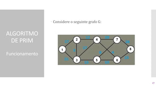 ALGORITMO
DE PRIM
Funcionamento
 Considere o seguinte grafo G:
17
 