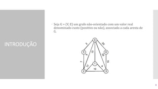 INTRODUÇÃO
 Seja G = (V, E) um grafo não-orientado com um valor real
denominado custo (positivo ou não), associado a cada aresta de
G.
4
 