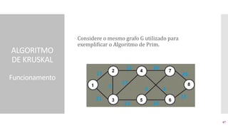 ALGORITMO
DE KRUSKAL
Funcionamento
 Considere o mesmo grafo G utilizado para
exemplificar o Algoritmo de Prim.
47
 