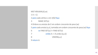 MST-KRUSKAL(G,w)
1 A := {}
2 para cada vértice v em V[G] faça
3 MAKE-SET(v)
4 Ordene as arestas de E em ordem crescente de peso (w)
5 para cada aresta (u,v), tomadas em ordem crescente de peso (w) faça
6 se FIND-SET(u) != FIND-SET(v)
7 então A := A união {(u,v)}
8 UNION(u,v)
9 return A
65
 