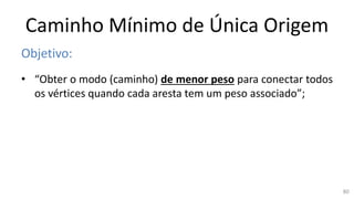 Caminho Mínimo de Única Origem
Objetivo:
• “Obter o modo (caminho) de menor peso para conectar todos
os vértices quando cada aresta tem um peso associado”;
80
 
