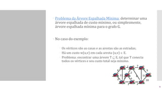  Problema da Árvore Espalhada Mínima: determinar uma
árvore espalhada de custo mínimo, ou simplesmente,
árvore espalhada mínima para o grafo G.
 No caso do exemplo:
 Os vértices são as casas e as arestas são as estradas;
 Há um custo w(u,v) em cada aresta (u,v)  E.
 Problema: encontrar uma árvore T  E, tal que T conecta
todos os vértices e seu custo total seja mínimo.
a
b c d
e
h g f
i
4
8 7
8
11
1 2
7
2
4 14
9
10
6
9
 