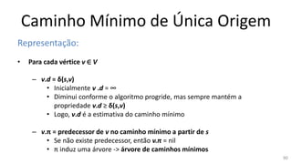 Caminho Mínimo de Única Origem
Representação:
• Para cada vértice v ∈ V
– v.d = δ(s,v)
• Inicialmente v .d = ∞
• Diminui conforme o algoritmo progride, mas sempre mantém a
propriedade v.d ≥ δ(s,v)
• Logo, v.d é a estimativa do caminho mínimo
– v.π = predecessor de v no caminho mínimo a partir de s
• Se não existe predecessor, então v.π = nil
• π induz uma árvore -> árvore de caminhos mínimos
90
 
