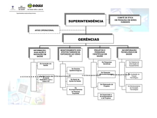 INFORMAÇÃO, AVALIAÇÃO E INOVAÇÃO EM SAÚDE SUPERINTENDÊNCIA COMITÊ DE ÉTICA EM PESQUISA EM SERES HUMANOS MONITORAMENTO DOS EFEITOS TARDIOS DA EXPOSIÇÃO AO CÉSIO-137 PROJETOS E PESQUISAS CIENTÍFICAS EM SAÚDE INCORPORAÇÃO TECNOLÓGICA EM SAÚDE De Inovação em Saúde De Pesquisas Genéticas De Elaboração de Projetos Do Sistema de Informação de Equipamentos APOIO OPERACIONAL De Informação do Acidente Radioativo com o Césio-137 De Supervisão e Acompanhamento de Projetos De Pesquisa  Imunofenotipagem De Avaliação do Parque Tecnológico De Monitoramento da Inovação Tecnológica De Estudos Epidemiológicos De Apoio às Ações de Saúde De Acompanhamento às Pessoas Expostas GERÊNCIAS C O O R D E N A Ç Õ E S C O O R D E N A Ç Õ ES C O O R D E N A Ç Õ ES C O O R D E N A Ç Õ ES 