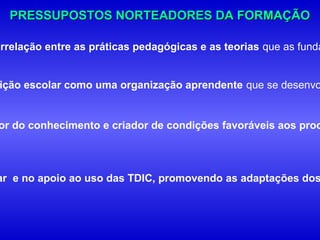 PRESSUPOSTOS NORTEADORES DA FORMAÇÃO

errelação entre as práticas pedagógicas e as teorias que as funda


ição escolar como uma organização aprendente que se desenvo


or do conhecimento e criador de condições favoráveis aos proc



ar e no apoio ao uso das TDIC, promovendo as adaptações dos
 