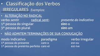 • Classificação dos Verbos
IRREGULARES Exemplos:
• ALTERAÇÃO NO RADICAL
verbo sentir radical sent- presente do indicativo
1ª pessoa do singular sint-o
3ª pessoa do plural sint-am
• NÃO ADMITEM TERMINAÇÕES DE SUA CONJUGAÇÃO
modo indicativo paradigma verbo irregular
1ª pessoa do presente cant-o est-ou
1ª pessoa do pretérito perfeito cant-ei est-ive
 