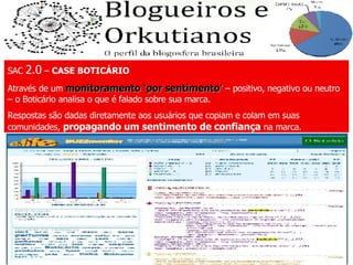 Alessandro Barbosa Lima – CEO da e.Life Para quem quiser iniciar o monitoramento de sua marca na Web, os Blogs são uma boa fonte de métrica. Quantitativamente  e  Qualitativamente  – número de comentários. Popularidade da Marca  – número de participantes em uma comunidade. Relevância  e  Repercussão  são outros tipos de métrica utilizados. A Inteligência de Mercado  2.0  é entender o volume  boca a boca  sobre a sua marca, que a partir de agora é todo  documentado . MARKETING  2.0 Boca a Boca Monitorável Formadores de Opinião podem ser Blogueiros Desenvolvimento de produtos através de ‘insights’ dos consumidores SAC  2.0  –  CASE BOTICÁRIO Através de um  monitoramento ‘por sentimento’  – positivo, negativo ou neutro – o Boticário analisa o que é falado sobre sua marca. Respostas são dadas diretamente aos usuários que copiam e colam em suas comunidades,  propagando um sentimento de confiança  na marca. 