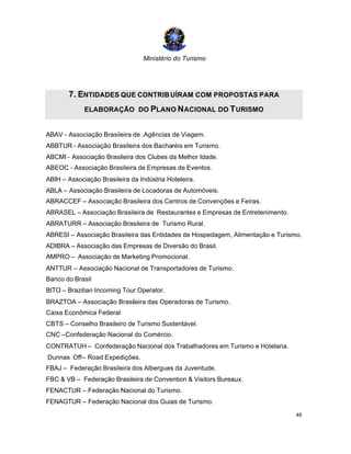 Ministério do Turismo
46
7. ENTIDADES QUE CONTRIBUÍRAM COM PROPOSTAS PARA
ELABORAÇÃO DO PLANO NACIONAL DO TURISMO
ABAV - Associação Brasileira de .Agências de Viagem.
ABBTUR - Associação Brasileira dos Bacharéis em Turismo.
ABCMI - Associação Brasileira dos Clubes da Melhor Idade.
ABEOC - Associação Brasileira de Empresas de Eventos.
ABIH – Associação Brasileira da Indústria Hoteleira.
ABLA – Associação Brasileira de Locadoras de Automóveis.
ABRACCEF – Associação Brasileira dos Centros de Convenções e Feiras.
ABRASEL – Associação Brasileira de Restaurantes e Empresas de Entretenimento.
ABRATURR – Associação Brasileira de Turismo Rural.
ABRESI – Associação Brasileira das Entidades de Hospedagem, Alimentação e Turismo.
ADIBRA – Associação das Empresas de Diversão do Brasil.
AMPRO – Associação de Marketing Promocional.
ANTTUR – Associação Nacional de Transportadores de Turismo.
Banco do Brasil
BITO – Brazilian Incoming Tour Operator.
BRAZTOA – Associação Brasileira das Operadoras de Turismo.
Caixa Econômica Federal
CBTS – Conselho Brasileiro de Turismo Sustentável.
CNC –Confederação Nacional do Comércio.
CONTRATUH – Confederação Nacional dos Trabalhadores em Turismo e Hotelaria.
Dunnas Off– Road Expedições.
FBAJ – Federação Brasileira dos Albergues da Juventude.
FBC & VB – Federação Brasileira de Convention & Visitors Bureaux.
FENACTUR – Federação Nacional do Turismo.
FENAGTUR – Federação Nacional dos Guias de Turismo.
 