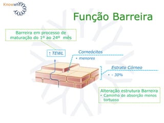 Função Barreira
Corneócitos
• menores
Alteração estrutura Barreira
• Caminho de absorção menos
tortuoso
Estrato Córneo
• - 30%
↑ TEWL
Barreira em processo de
maturação do 1º ao 24º mês
 