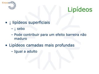 Lipídeos
• ↓ lipídeos superficiais
– ↓ sebo
– Pode contribuir para um efeito barreira não
maduro
• Lipídeos camadas mais profundas
– Igual a adulto
 
