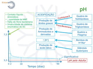 pH
Tempo (dias)
90
ACIDIFICAÇÃO
0
• Contato líquido
Aminiótico
• ↓ quantidade de NMF
• Falta de flora bacteriana
• Imaturidade do sistema
enzimático do EC
5,5
7,5
2 30
Produção de
ácidos graxos
Quebra de
fosfolipídeos
Quebra de
Triglicerídeos
Quebra a
Filagrina
Produção de
Aminoácidos e
derivados
↑ [H+] Bombas de
H+/Na+
Produção de
ácido lático Glândula
Sudorípara
Significativo
pH pele Adulta
 