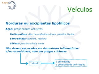 Veículos
Gorduras ou excipientes lipofílicos
Ação: propriedades oclusivas
Fluídas/óleos: óleo de amêndoas doces, parafina líquida
Não devem ser usadas em dermatoses inflamatórias
e/ou exsudativas, nem em pregas cutâneas
oclusão
↑ permeação
↑ possibilidade de irritação
Semi-sólidas: lanolina, vaselina
Sólidas: parafina sólida, ceras
 