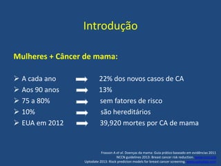 Introdução
Mulheres + Câncer de mama:
 A cada ano 22% dos novos casos de CA
 Aos 90 anos 13%
 75 a 80% sem fatores de risco
 10% são hereditários
 EUA em 2012 39,920 mortes por CA de mama
Frasson A et al. Doenças da mama: Guia prático baseado em evidências 2011
NCCN guidelines 2013: Breast cancer risk reduction. www.nccn.org
Uptodate 2013: Risck predicton models for breast cancer screening. www.uptodate.com
 