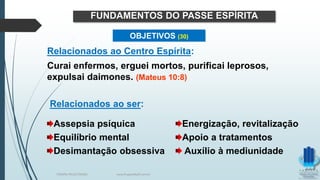 Relacionados ao Centro Espírita:
Curai enfermos, erguei mortos, purificai leprosos,
expulsai daimones. (Mateus 10:8)
Assepsia psíquica Energização, revitalização
Equilíbrio mental Apoio a tratamentos
Desimantação obsessiva Auxílio à mediunidade
FUNDAMENTOS DO PASSE ESPÍRITA
OBJETIVOS (30)
Relacionados ao ser:
TERAPIA PELOS PASSES www.ProjetoMpM.com.br
 