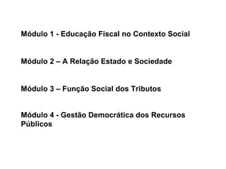 Módulo 1 - Educação Fiscal no Contexto Social Módulo 2 – A Relação Estado e Sociedade Módulo 3 – Função Social dos Tributos Módulo 4 - Gestão Democrática dos Recursos Públicos   