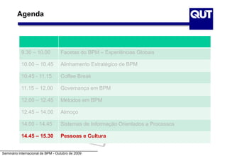 Seminário Internacional de BPM - Outubro de 2009
9.30 – 10.00 Facetas do BPM – Experiências Globais
10.00 – 10.45 Alinhamento Estratégico de BPM
10.45 - 11.15 Coffee Break
11.15 – 12.00 Governança em BPM
12.00 – 12.45 Métodos em BPM
12.45 – 14.00 Almoço
14.00 - 14.45 Sistemas de Informação Orientados a Processos
14.45 – 15.30 Pessoas e Cultura
Agenda
 
