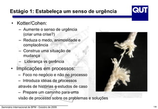 Seminário Internacional de BPM - Outubro de 2009 138
Estágio 1: Estabeleça um senso de urgência
• Kotter/Cohen:
– Aumente o senso de urgência
(criar uma crise?)
– Reduza o medo, animosidade e
complacência
– Construa uma situação de
mudança
– Liderança vs gerência
• Implicações em processos:
– Foco no negócio e não no processo
– Introduza idéias de processos
através de histórias e estudos de caso
– Prepare um caminho para uma
visão de processo sobre os problemas e soluções
 