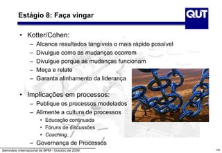Seminário Internacional de BPM - Outubro de 2009 145
Estágio 8: Faça vingar
• Kotter/Cohen:
– Alcance resultados tangíveis o mais rápido possível
– Divulgue como as mudanças ocorrem
– Divulgue porque as mudanças funcionam
– Meça e relate
– Garanta alinhamento da liderança
• Implicações em processos:
– Publique os processos modelados
– Alimente a cultura de processos
• Educação continuada
• Fóruns de discussões
• Coaching
– Governança de Processos
 