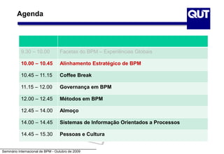 Seminário Internacional de BPM - Outubro de 2009
9.30 – 10.00 Facetas do BPM – Experiências Globais
10.00 – 10.45 Alinhamento Estratégico de BPM
10.45 – 11.15 Coffee Break
11.15 – 12.00 Governança em BPM
12.00 – 12.45 Métodos em BPM
12.45 – 14.00 Almoço
14.00 – 14.45 Sistemas de Informação Orientados a Processos
14.45 – 15.30 Pessoas e Cultura
Agenda
 