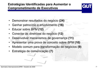 Seminário Internacional de BPM - Outubro de 2009
Estratégias Identificadas para Aumentar o
Comprometimento de Executivos
• Demonstrar resultados do negócio (24)
• Ganhar patrocínio e envolvimento (16)
• Educar sobre BPM (12)
• Conectar às diretrizes do negócio (12)
• Desenvolver mecanismos de governança (11)
• Apresentar uma prova de conceito sobre BPM (10)
• Modelo comum para transformação de negócios (9)
• Estratégia de comunicação (7)
21
 