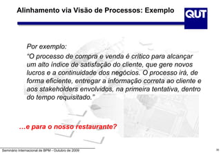 Seminário Internacional de BPM - Outubro de 2009
Alinhamento via Visão de Processos: Exemplo
Por exemplo:
“O processo de compra e venda é crítico para alcançar
um alto índice de satisfação do cliente, que gere novos
lucros e a continuidade dos negócios. O processo irá, de
forma eficiente, entregar a informação correta ao cliente e
aos stakeholders envolvidos, na primeira tentativa, dentro
do tempo requisitado.”
…e para o nosso restaurante?
35
 
