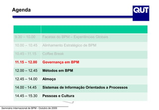Seminário Internacional de BPM - Outubro de 2009
9.30 – 10.00 Facetas do BPM – Experiências Globais
10.00 – 10.45 Alinhamento Estratégico de BPM
10.45 - 11.15 Coffee Break
11.15 – 12.00 Governança em BPM
12.00 – 12.45 Métodos em BPM
12.45 – 14.00 Almoço
14.00 - 14.45 Sistemas de Informação Orientados a Processos
14.45 – 15.30 Pessoas e Cultura
Agenda
 