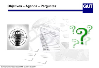 Seminário Internacional de BPM - Outubro de 2009
Objetivos – Agenda – Perguntas
 