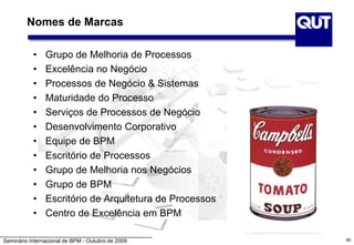 Seminário Internacional de BPM - Outubro de 2009 66
Nomes de Marcas
• Grupo de Melhoria de Processos
• Excelência no Negócio
• Processos de Negócio & Sistemas
• Maturidade do Processo
• Serviços de Processos de Negócio
• Desenvolvimento Corporativo
• Equipe de BPM
• Escritório de Processos
• Grupo de Melhoria nos Negócios
• Grupo de BPM
• Escritório de Arquitetura de Processos
• Centro de Excelência em BPM
 