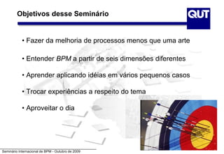 Seminário Internacional de BPM - Outubro de 2009
Objetivos desse Seminário
• Fazer da melhoria de processos menos que uma arte
• Entender BPM a partir de seis dimensões diferentes
• Aprender aplicando idéias em vários pequenos casos
• Trocar experiências a respeito do tema
• Aproveitar o dia
 
