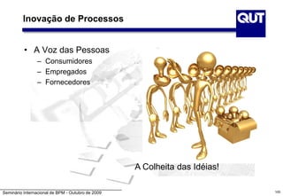 Seminário Internacional de BPM - Outubro de 2009 100
• A Voz das Pessoas
– Consumidores
– Empregados
– Fornecedores
A Colheita das Idéias!
Inovação de Processos
 