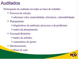 Auditados
 Participação do auditado em todas as fases do trabalho:
     Processo de seleção
         adicionar valor, materialidade, relevância, vulnerabilidades
     Planejamento
         diagnósticos de ambiente, processos e de problemas
         matriz de planejamento
     Execução/Relatório
         matriz de achados
         comentários do gestor
     Monitoramento
         Plano de ação
 