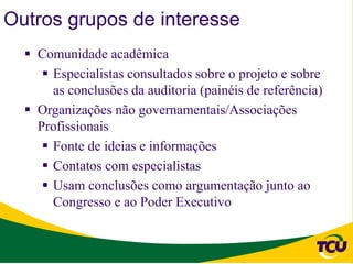 Outros grupos de interesse
   Comunidade acadêmica
      Especialistas consultados sobre o projeto e sobre
       as conclusões da auditoria (painéis de referência)
   Organizações não governamentais/Associações
    Profissionais
      Fonte de ideias e informações
      Contatos com especialistas
      Usam conclusões como argumentação junto ao
       Congresso e ao Poder Executivo
 