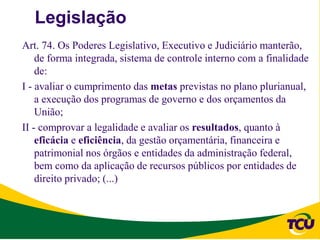 Legislação
Art. 74. Os Poderes Legislativo, Executivo e Judiciário manterão,
    de forma integrada, sistema de controle interno com a finalidade
    de:
I - avaliar o cumprimento das metas previstas no plano plurianual,
    a execução dos programas de governo e dos orçamentos da
    União;
II - comprovar a legalidade e avaliar os resultados, quanto à
    eficácia e eficiência, da gestão orçamentária, financeira e
    patrimonial nos órgãos e entidades da administração federal,
    bem como da aplicação de recursos públicos por entidades de
    direito privado; (...)
 