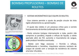 Fundamentos de Circulação Extracorpórea – Maria Helena L. Souza e Décio O. Elias, 2ª Edição
BOMBAS PROPULSORAS – BOMBAS DE
ROLETES
• SISTEMA MICROMÉTRICO QUE EQUIPA OS ROLETES:
- Esse sistema permite o ajuste da porção circular do leito
rígido (afastamento ou aproximação);
- Ponto oclusivo (colapsa internamente o tubo, porém não
comprime as paredes), impede o refluxo do líquido, o rolete
apertado além do P.O. aumenta o traumatismo do sangue,
pode produzir hemólise acentuada;
- O ajuste dos roletes é um processo crítico para o correto
funcionamento da bomba (calibração de roletes);
- Rolete com folga excessiva -> Permite o refluxo,
turbilhamento e hemólise, impulsiona volumes variáveis de
sangue de acordo com a variação da resistência do sistema
arteriolar infundido;
 