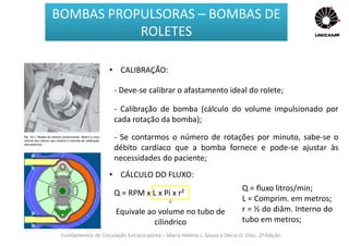 Fundamentos de Circulação Extracorpórea – Maria Helena L. Souza e Décio O. Elias, 2ª Edição
BOMBAS PROPULSORAS – BOMBAS DE
ROLETES
• CALIBRAÇÃO:
- Deve-se calibrar o afastamento ideal do rolete;
- Se contarmos o número de rotações por minuto, sabe-se o
débito cardíaco que a bomba fornece e pode-se ajustar às
necessidades do paciente;
- Calibração de bomba (cálculo do volume impulsionado por
cada rotação da bomba);
Q = RPM x L x Pi x r²
• CÁLCULO DO FLUXO:
Q = fluxo litros/min;
L = Comprim. em metros;
r = ½ do diâm. Interno do
tubo em metros;
Equivale ao volume no tubo de
cilindrico
 