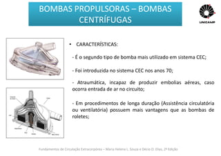 Fundamentos de Circulação Extracorpórea – Maria Helena L. Souza e Décio O. Elias, 2ª Edição
BOMBAS PROPULSORAS – BOMBAS
CENTRÍFUGAS
• CARACTERÍSTICAS:
- É o segundo tipo de bomba mais utilizado em sistema CEC;
- Atraumática, incapaz de produzir embolias aéreas, caso
ocorra entrada de ar no circuito;
- Foi introduzida no sistema CEC nos anos 70;
- Em procedimentos de longa duração (Assistência circulatória
ou ventilatória) possuem mais vantagens que as bombas de
roletes;
 