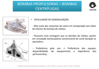 Fundamentos de Circulação Extracorpórea – Maria Helena L. Souza e Décio O. Elias, 2ª Edição
BOMBAS PROPULSORAS – BOMBAS
CENTRÍFUGAS
• DIFICULDADE DE GENERALIZAÇÃO:
- Alto custo dos conjuntos de cones em comparação aos tubos
de silicone de bombas de roletes;
- Possuem mais vantagens que as bombas de roletes, porém
em circulação extracorpórea convencional de curta duração se
equivalem;
- Preferência pelo uso -> Preferência das equipes,
disponibilidade do equipamento e experiência dos
perfusionistas;
 