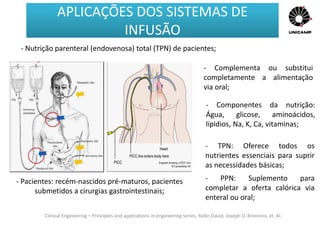 Clinical Engineering – Principles and applications in engineering series, Yadin David, Joseph D. Bronzino, et. Al.
- Nutrição parenteral (endovenosa) total (TPN) de pacientes;
- Complementa ou substitui
completamente a alimentação
via oral;
- Pacientes: recém-nascidos pré-maturos, pacientes
submetidos a cirurgias gastrointestinais;
- Componentes da nutrição:
Água, glicose, aminoácidos,
lipidios, Na, K, Ca, vitaminas;
- TPN: Oferece todos os
nutrientes essenciais para suprir
as necessidades básicas;
- PPN: Suplemento para
completar a oferta calórica via
enteral ou oral;
APLICAÇÕES DOS SISTEMAS DE
INFUSÃO
APLICAÇÕES DOS SISTEMAS DE
INFUSÃO
 