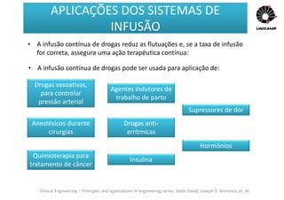 Clinical Engineering – Principles and applications in engineering series, Yadin David, Joseph D. Bronzino, et. Al.
• A infusão contínua de drogas reduz as flutuações e, se a taxa de infusão
for correta, assegura uma ação terapêutica contínua:
Drogas vasoativas,
para controlar
pressão arterial
Anestésicos durante
cirurgias
Quimioterapia para
tratamento de câncer
Agentes indutores de
trabalho de parto
Drogas anti-
arrítmicas
Insulina
Supressores de dor
Hormônios
• A infusão contínua de drogas pode ser usada para aplicação de:
APLICAÇÕES DOS SISTEMAS DE
INFUSÃO
APLICAÇÕES DOS SISTEMAS DE
INFUSÃO
 
