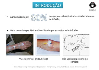 Clinical Engineering – Principles and applications in engineering series, Yadin David, Joseph D. Bronzino, et. Al.
Vias Periféricas (mão, braço) Vias Centrais (próximo do
coração)
dos pacientes hospitalizados recebem terapia
de infusão;
• Aproximadamente
• Veias centrais e periféricas são utilizadas para a maioria das infusões:
INTRODUÇÃO
 