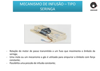 - Rotação do motor de passo transmitida a um fuso que movimenta o êmbolo da
seringa;
- Uma mola ou um mecanismo a gás é utilizado para empurrar o êmbolo com força
constante;
- Possibilita uma pressão de infusão constante;
MECANISMO DE INFUSÃO – TIPO
SERINGA
 