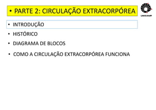 • PARTE 2: CIRCULAÇÃO EXTRACORPÓREA
• INTRODUÇÃO
• HISTÓRICO
• DIAGRAMA DE BLOCOS
• COMO A CIRCULAÇÃO EXTRACORPÓREA FUNCIONA
 