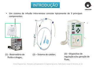 Clinical Engineering – Principles and applications in engineering series, Yadin David, Joseph D. Bronzino, et. Al.
• Um sistema de infusão intra-venoso consiste tipicamente de 3 principais
componentes:
• ;
(1) - Reservatório de
fluído e drogas;
(2) – Sistema de catéter; (3) – Dispositivo de
regulação e/ou geração de
fluxo;
INTRODUÇÃO
 