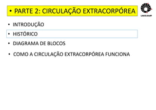 • PARTE 2: CIRCULAÇÃO EXTRACORPÓREA
• INTRODUÇÃO
• HISTÓRICO
• DIAGRAMA DE BLOCOS
• COMO A CIRCULAÇÃO EXTRACORPÓREA FUNCIONA
 