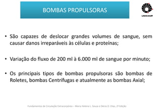 Fundamentos de Circulação Extracorpórea – Maria Helena L. Souza e Décio O. Elias, 2ª Edição
BOMBAS PROPULSORAS
• São capazes de deslocar grandes volumes de sangue, sem
causar danos irreparáveis às células e proteínas;
• Variação do fluxo de 200 ml à 6.000 ml de sangue por minuto;
• Os principais tipos de bombas propulsoras são bombas de
Roletes, bombas Centrífugas e atualmente as bombas Axial;
 