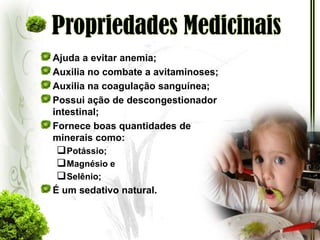 Propriedades MedicinaisAjuda a evitar anemia;Auxilia no combate a avitaminoses;Auxilia na coagulação sanguínea;Possui ação de descongestionador intestinal;Fornece boas quantidades de minerais como:Potássio;