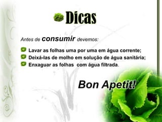 DicasDurante as compras, dar preferência às alfaces de:Folhas limpas;Cor brilhante e Sem marcas de picadas de insetos;