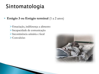 

Estágio 3 ou Estágio terminal (1 a 2 anos)
Emaciação, indiferença a alimento
Incapacidade de comunicação
Incontinência urinária e fecal
Convulsões

 