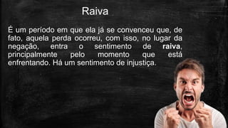 Raiva
É um período em que ela já se convenceu que, de
fato, aquela perda ocorreu, com isso, no lugar da
negação, entra o sentimento de raiva,
principalmente pelo momento que está
enfrentando. Há um sentimento de injustiça.
 